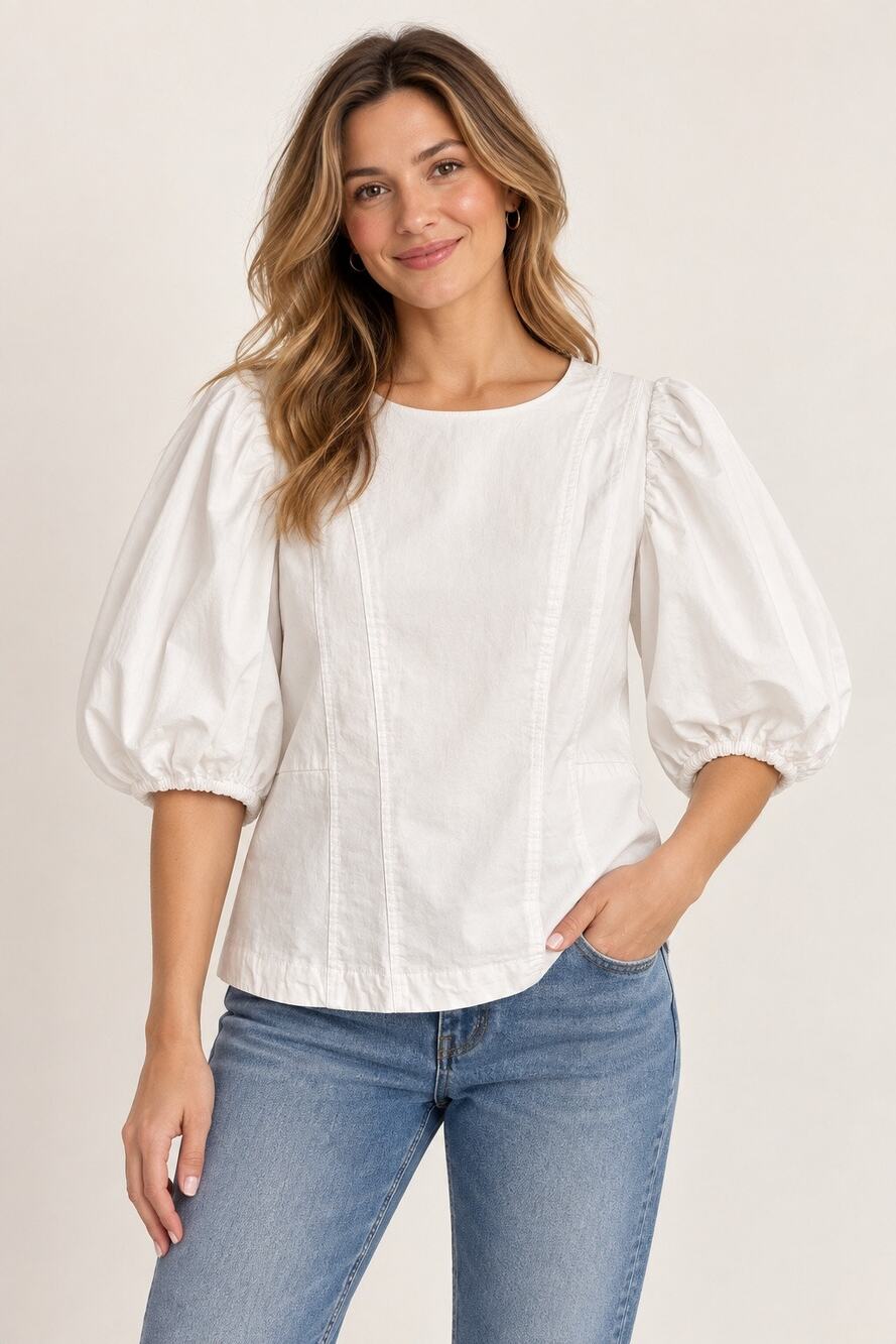 Aaron & Amber White Puff Sleeve Blouse Women’s Size Large